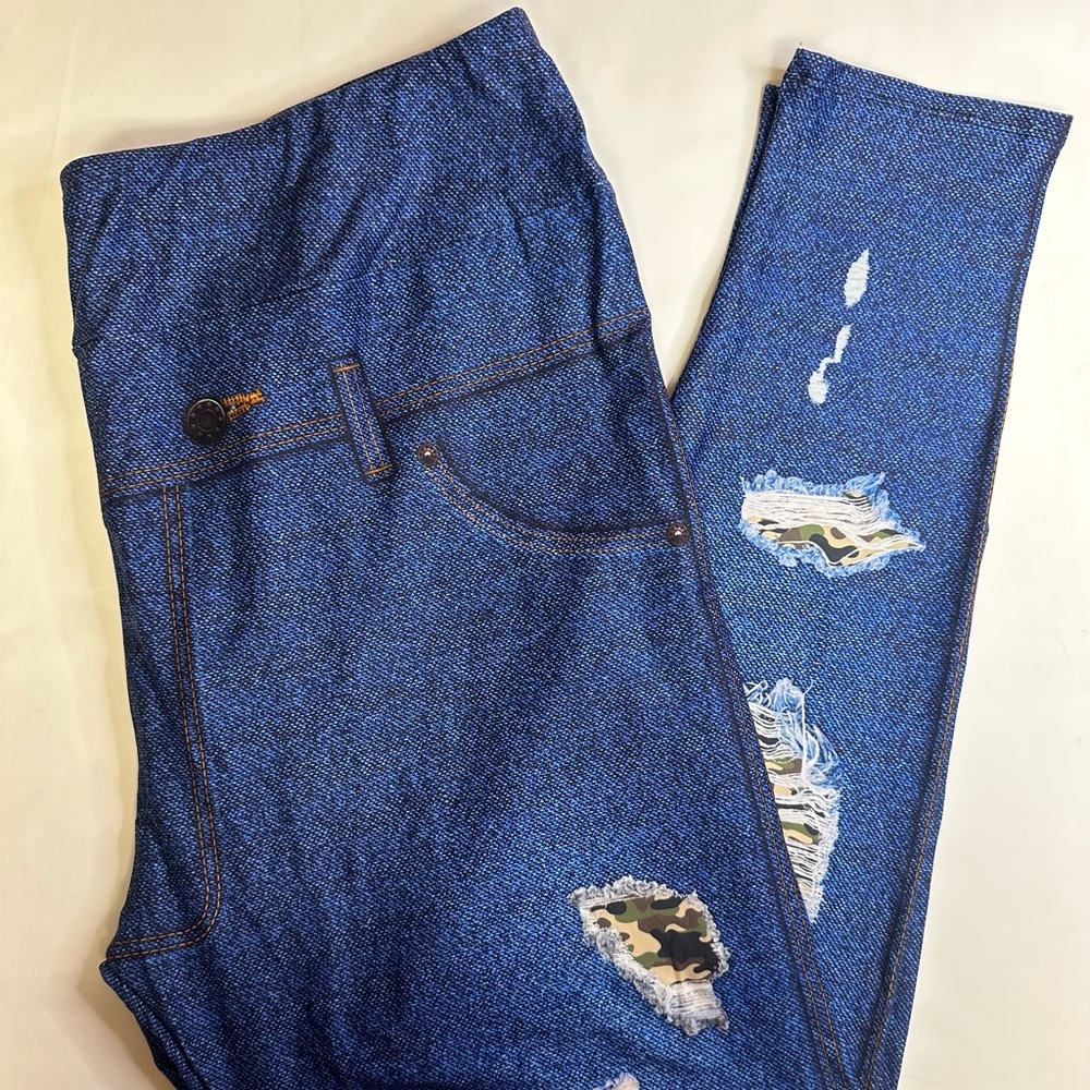 Camo Ripped Indigo Jeans Buttery Soft Boutique Leggings Extended Size NEW